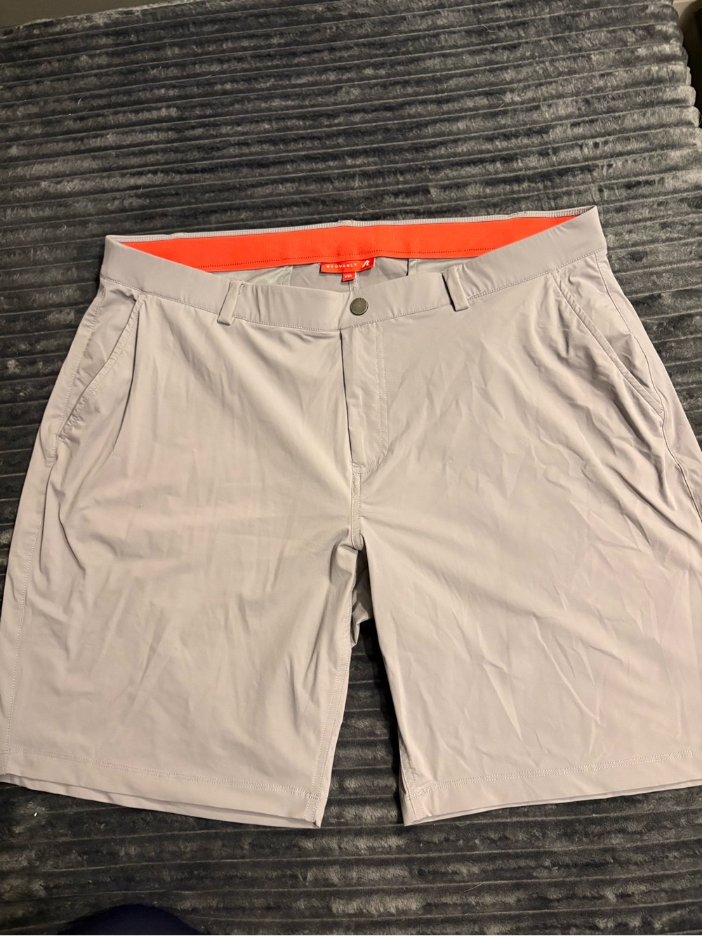 Flat-Front Men's Light Gray Shorts with Orange Waistband